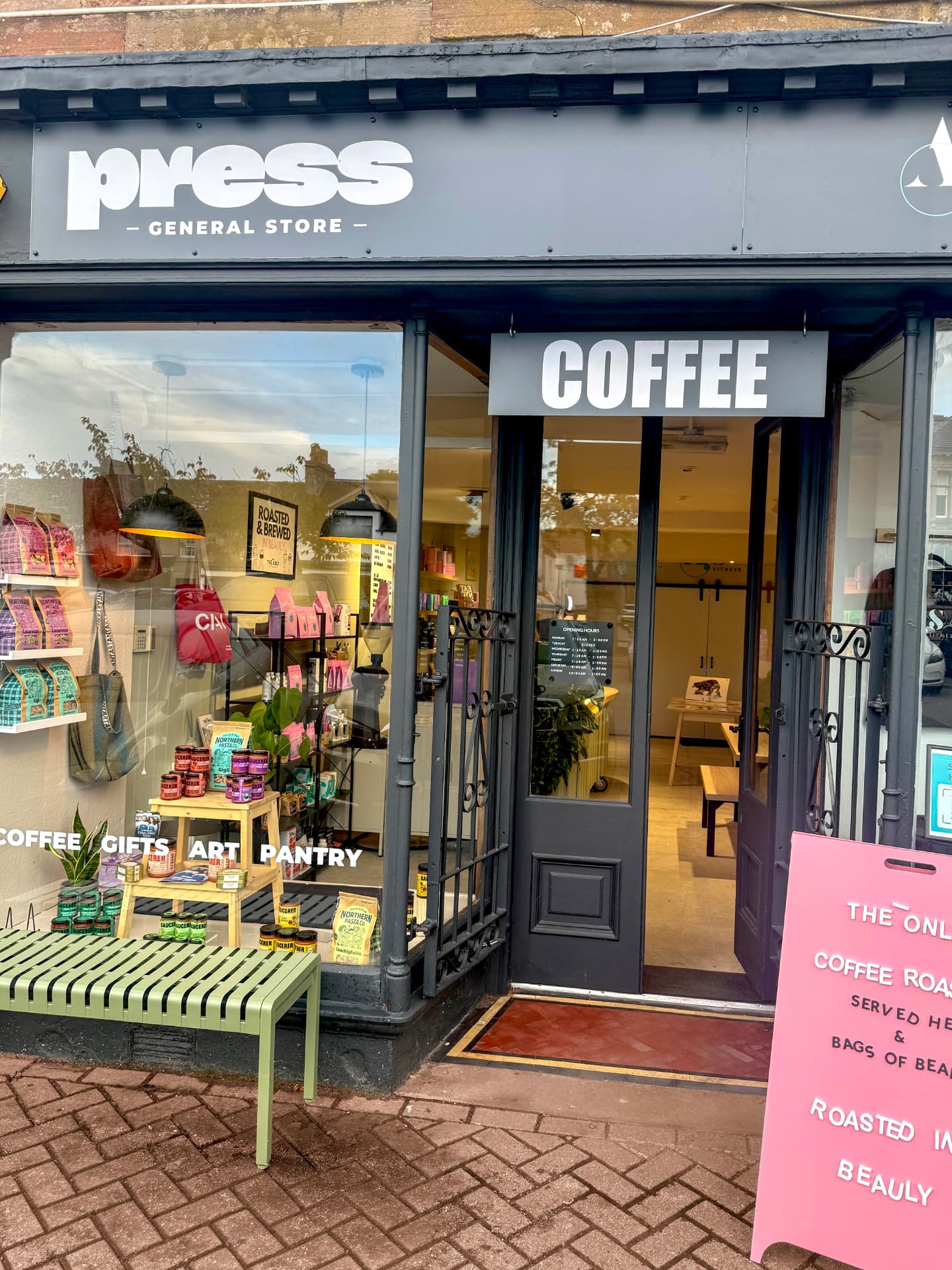 Press General Store shop front on Beauly's square with coffee, gifts, art and pantry window display