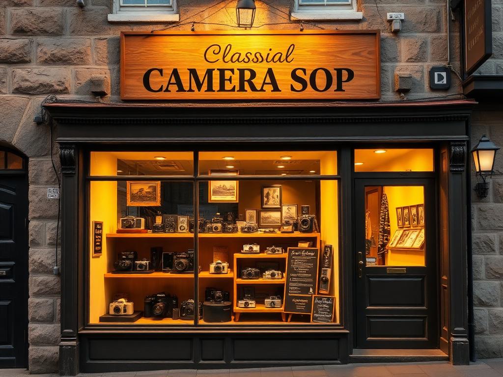 Ffordes Camera Shop storefront with vintage cameras in window
