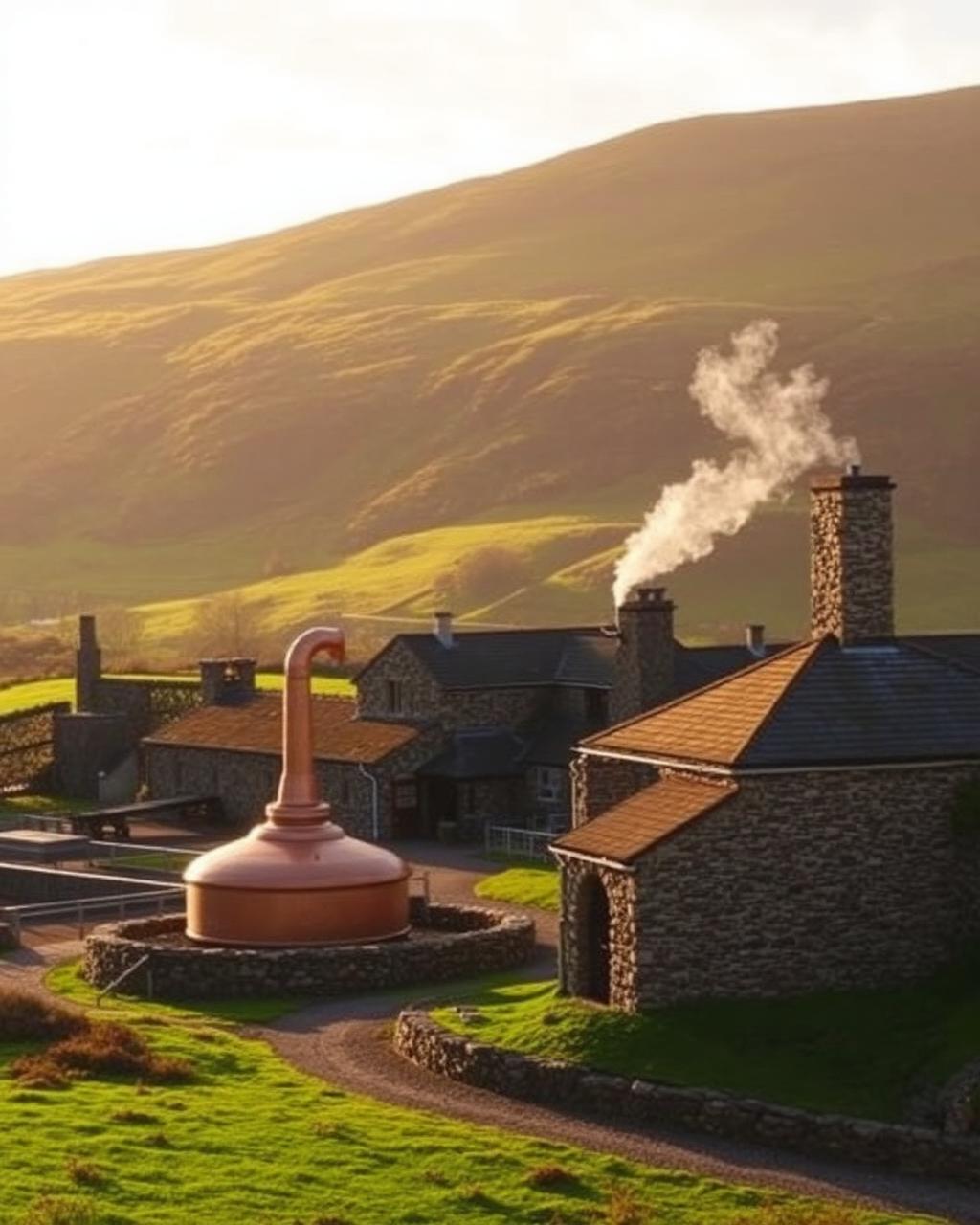 Glen Ord Distillery with copper still and stone buildings in the Scottish Highlands