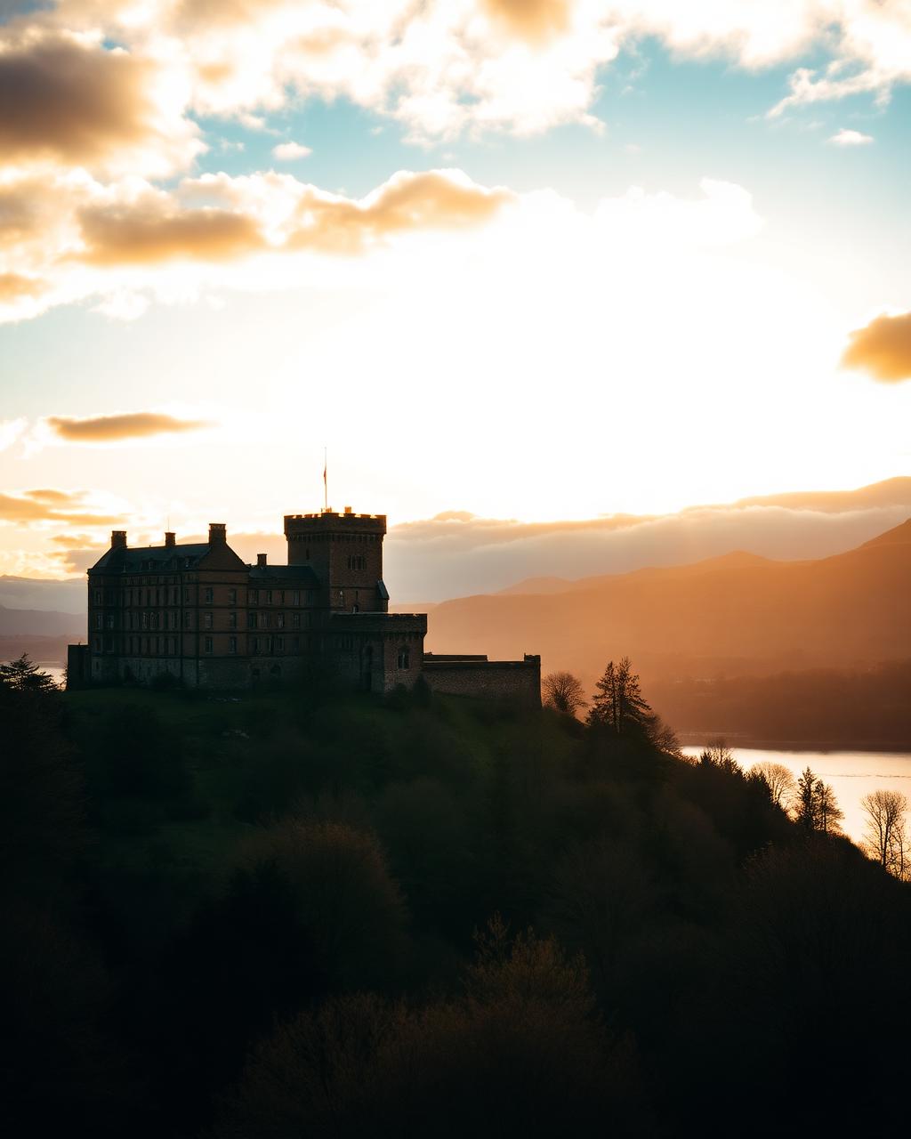 Inverness Castle silhouetted against a golden sunset overlooking the River Ness