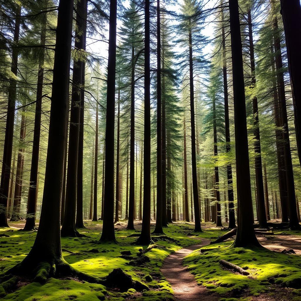Towering Douglas firs in Reelig Glen forest near Beauly