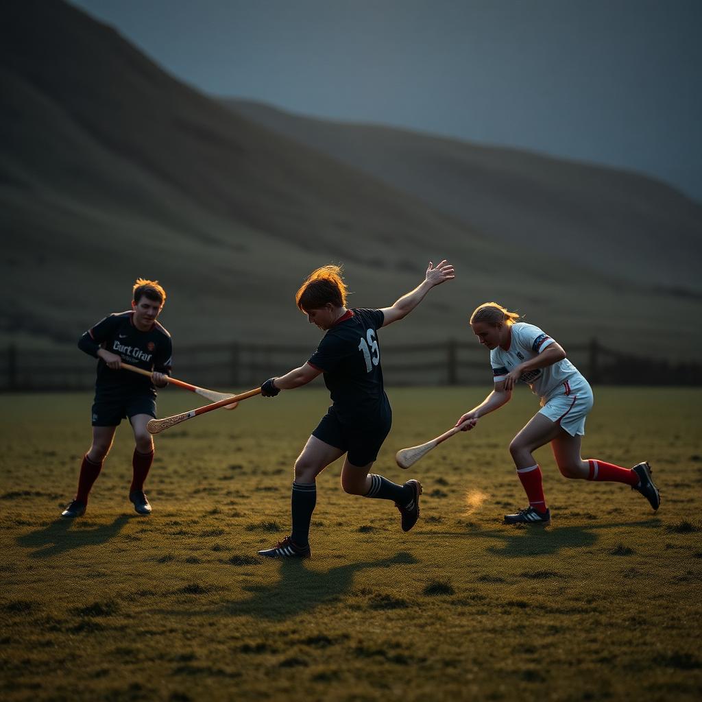 Beauly Shinty Club players competing on a Highland pitch