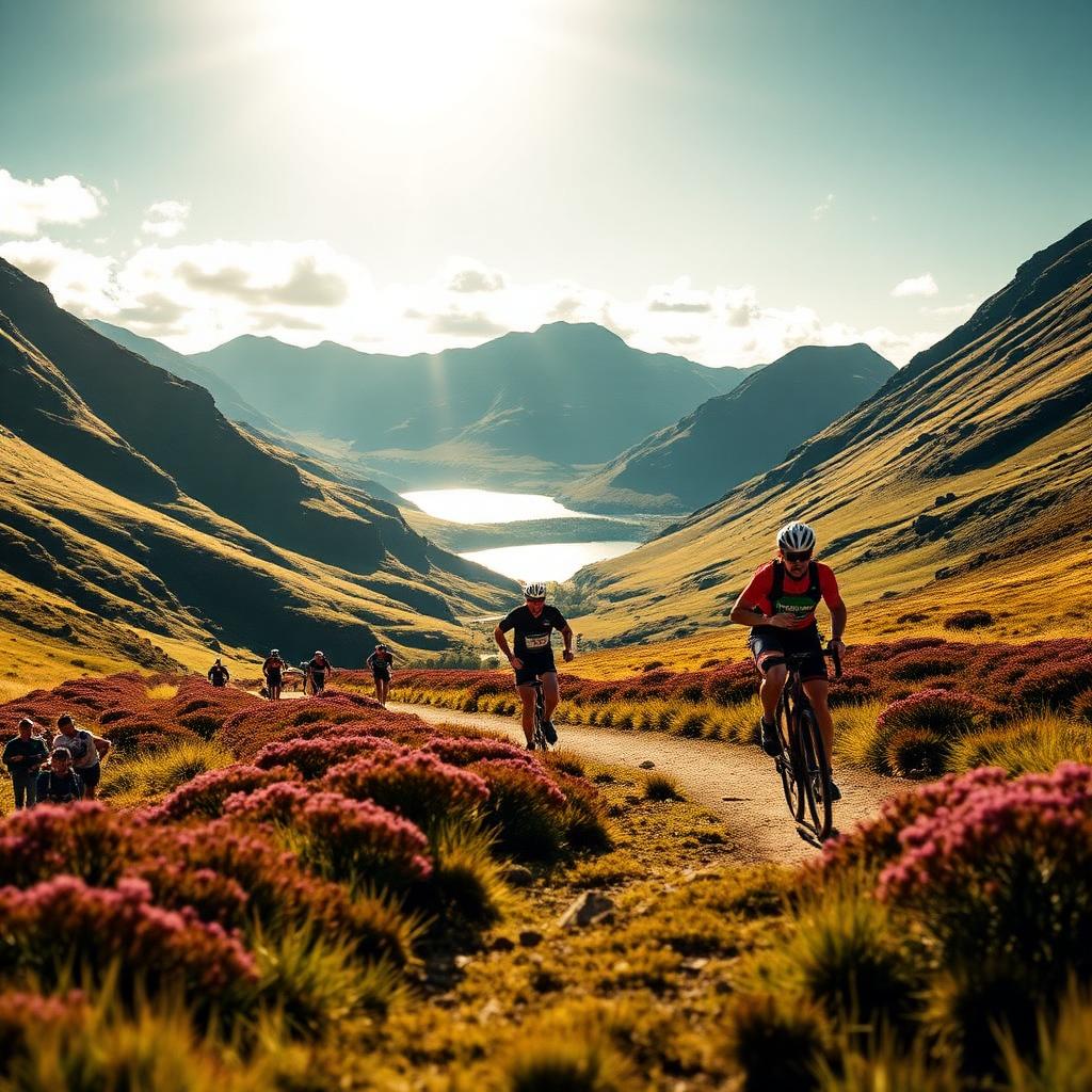 Runners and cyclists taking part in the Highland Cross duathlon through a dramatic Highland glen