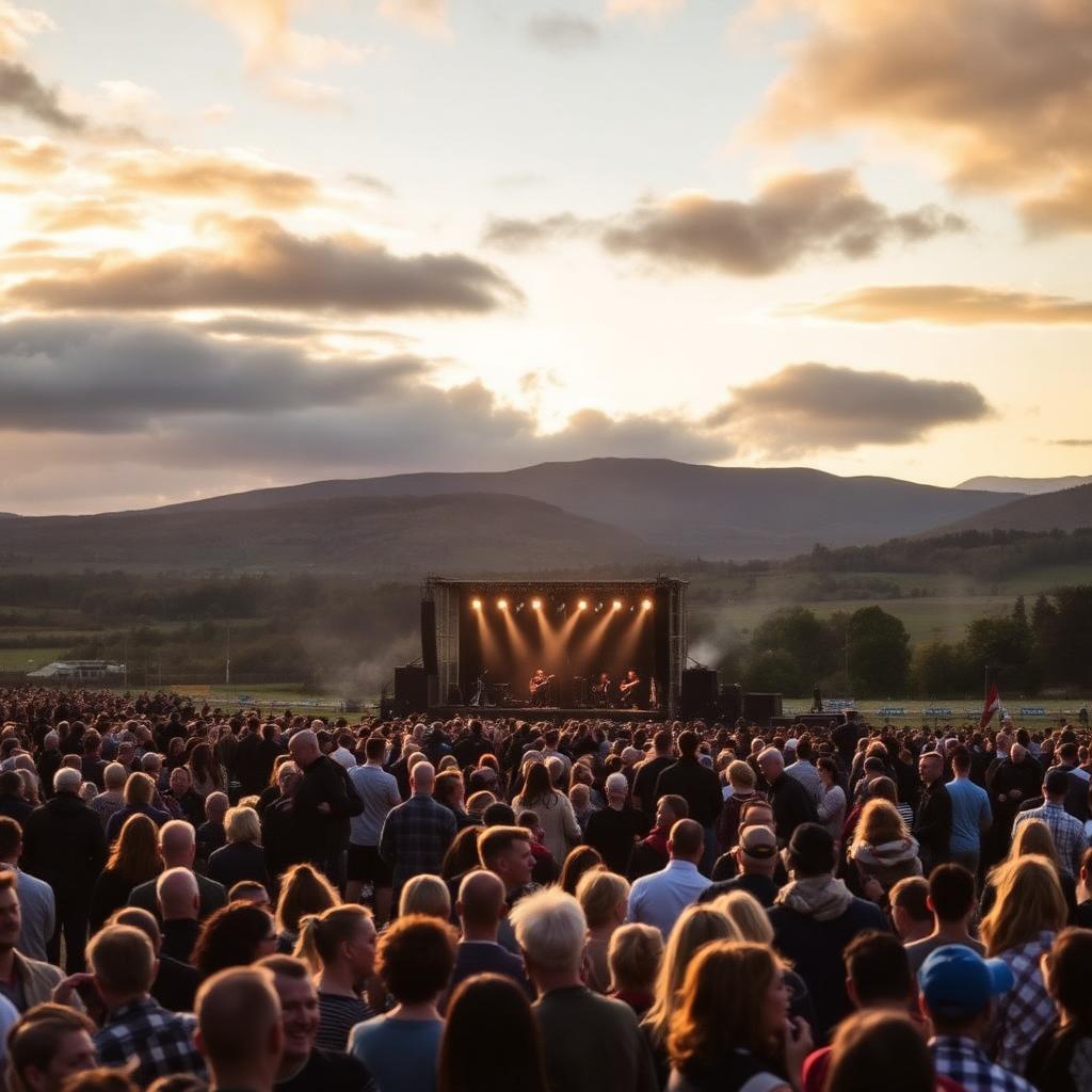 Crowd at the Tartan Heart Festival at Belladrum near Beauly with stage and Highland hills